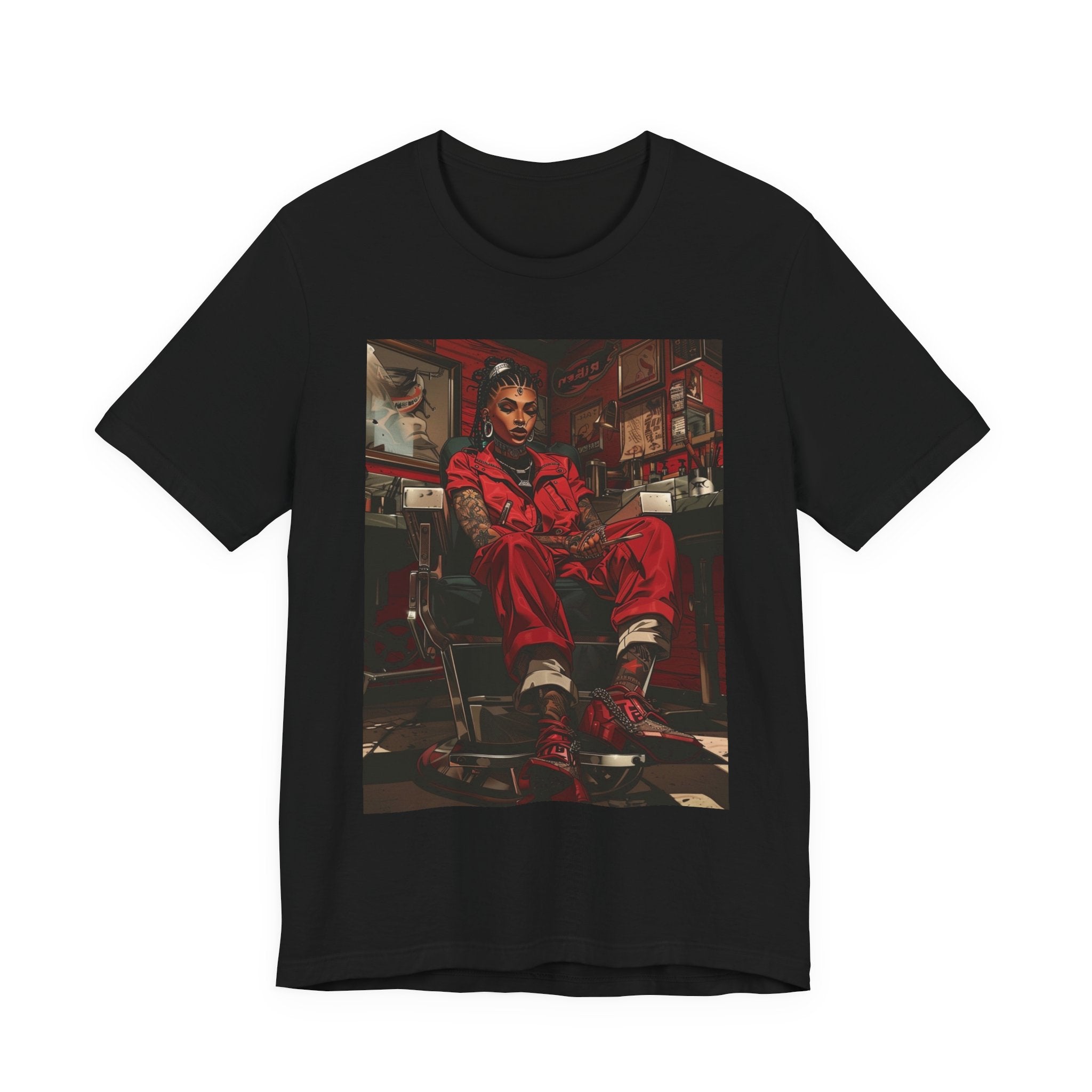 Black t-shirt with a graphic of a female barber in red attire sitting in barber chair in barbershop 